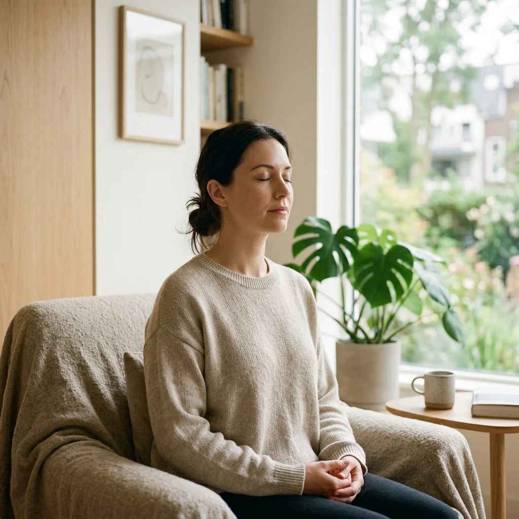 Person practicing box breathing as a CBT grounding technique to manage a smoking craving without giving in