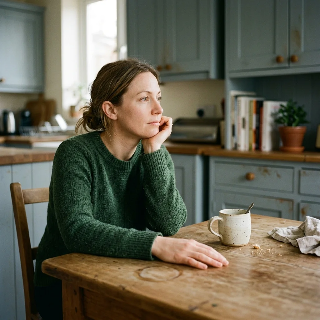 A person pausing at a desk between a stressful trigger and the impulse to smoke — the gap CBT expands