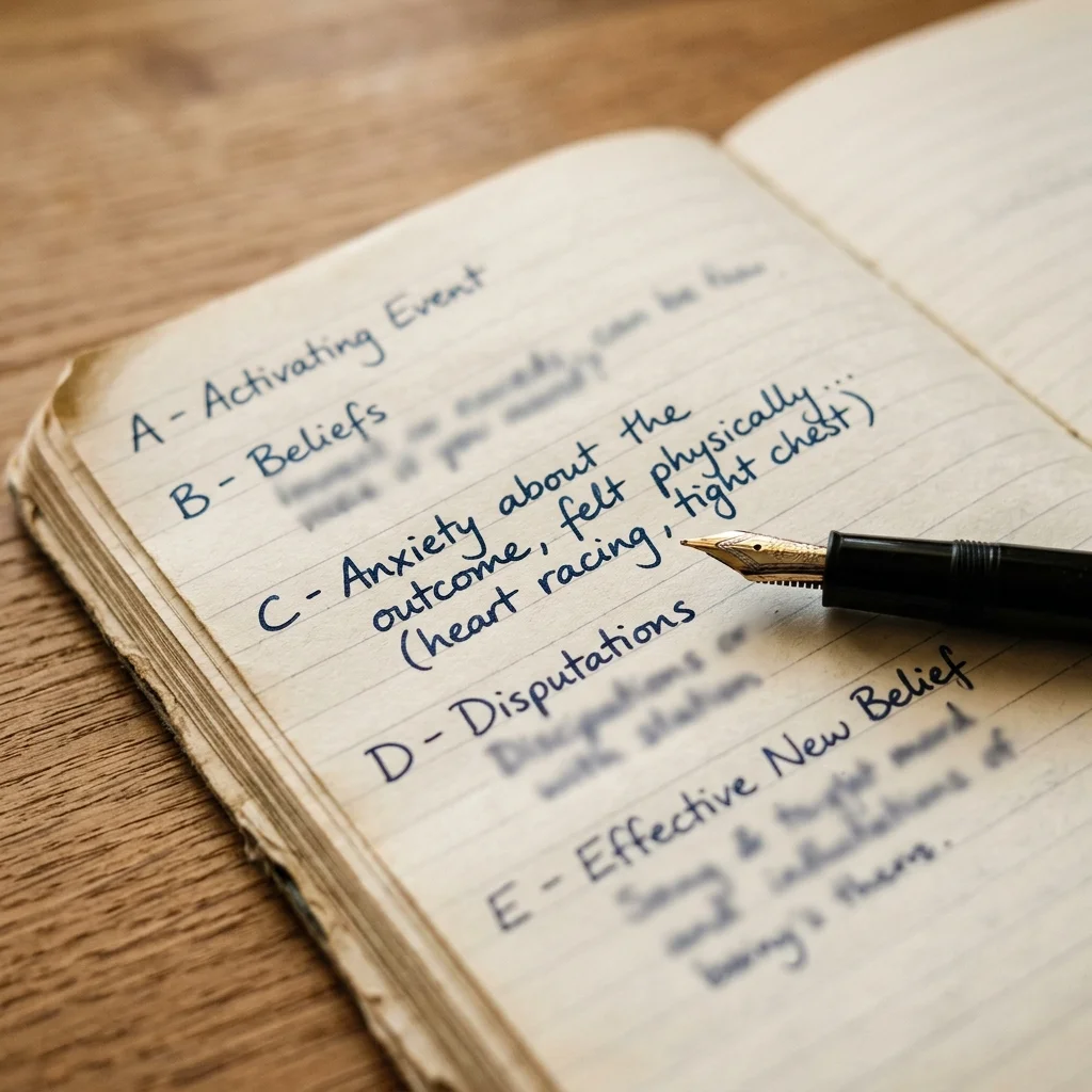 Open CBT thought record journal used to identify automatic thoughts and cognitive distortions during smoking cessation